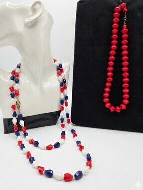 Vintage 70s Americana Jewelry Bundle: Red Wood & Tricolor Beaded Necklace Set